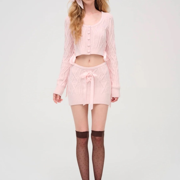 For Love & Lemons Chenille Cable Knit Cardigan Pink - Picture 4 of 7
